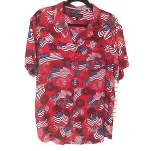 Free Planet Patriotic Button Shirt Men L USA Flag Fireworks Red White Blu July 4